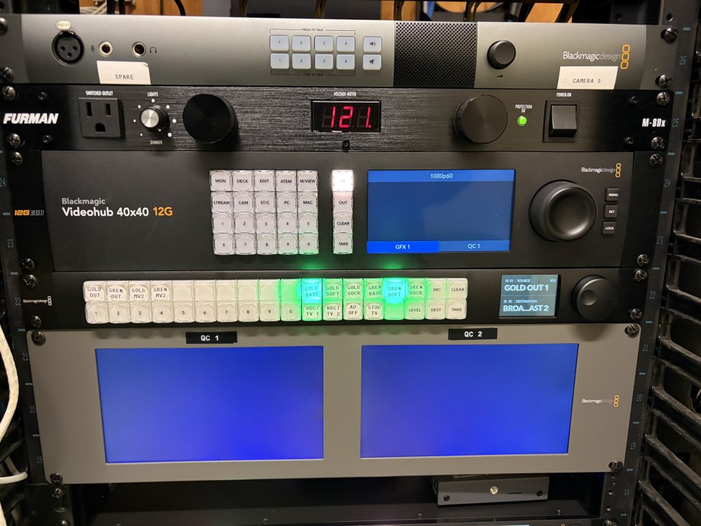 Router and Monitors in the broadcast rack at Georgia Gwinnett College